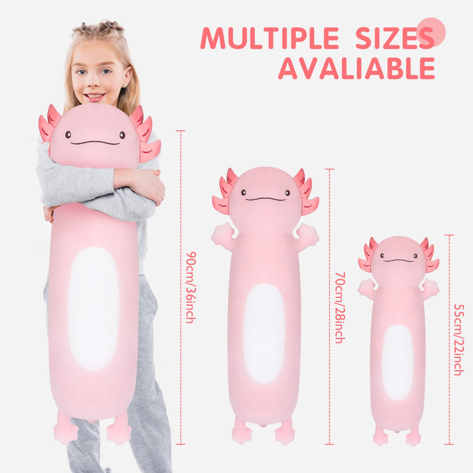 Dalmao axolotl plush 36-inch size as kid-friendly companion for playtime