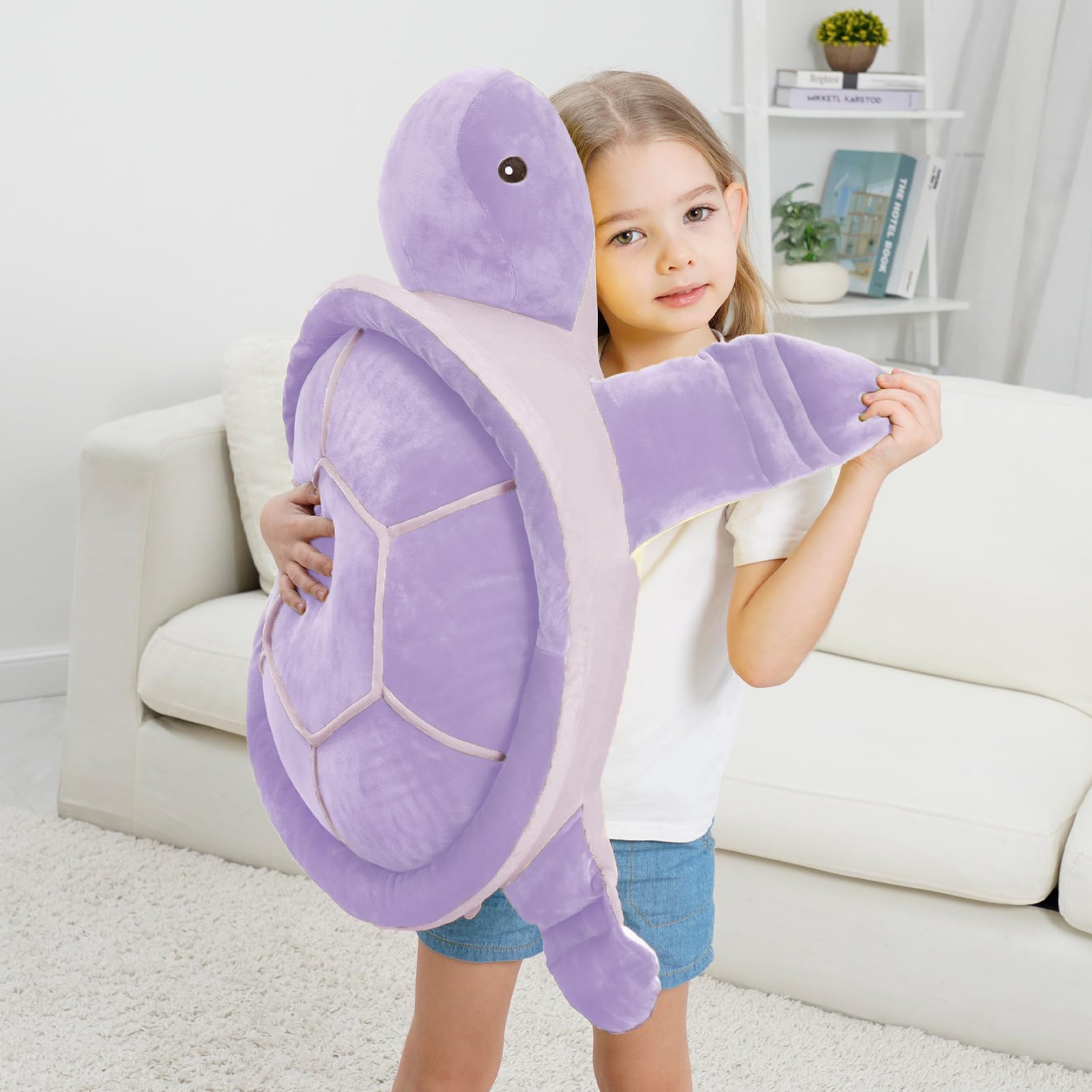 Dalmao child-friendly sea turtle plush as bedroom decor.