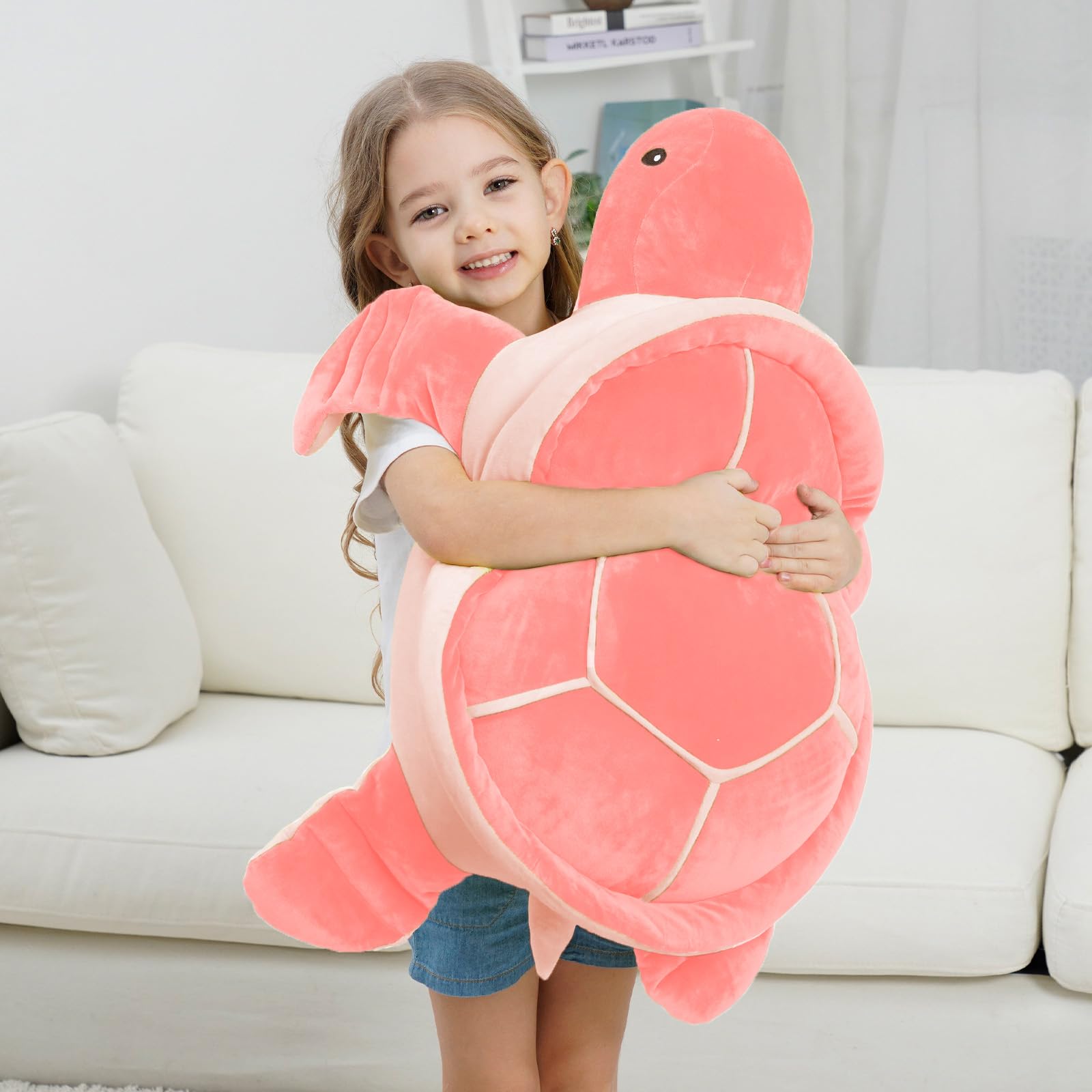 Dalmao pink sea turtle plush is perfect for reading or TV time as a snuggle buddy.