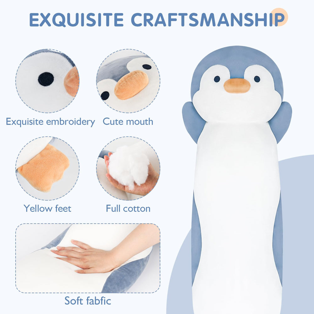 Dalmao penguin pillow closeup fabric shows plush texture for durable comforting touch.