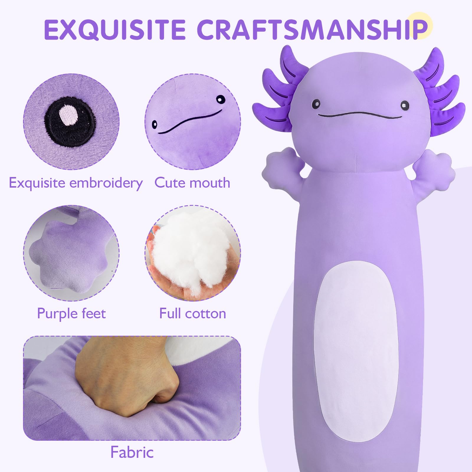 Dalmao axolotl plush on bed highlighting its large size