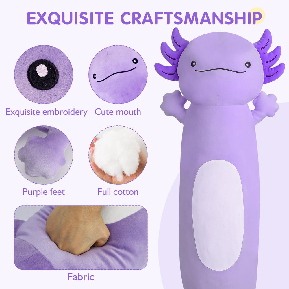 Dalmao axolotl plush on bed highlighting its large size