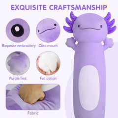 Dalmao axolotl plush on bed highlighting its large size
