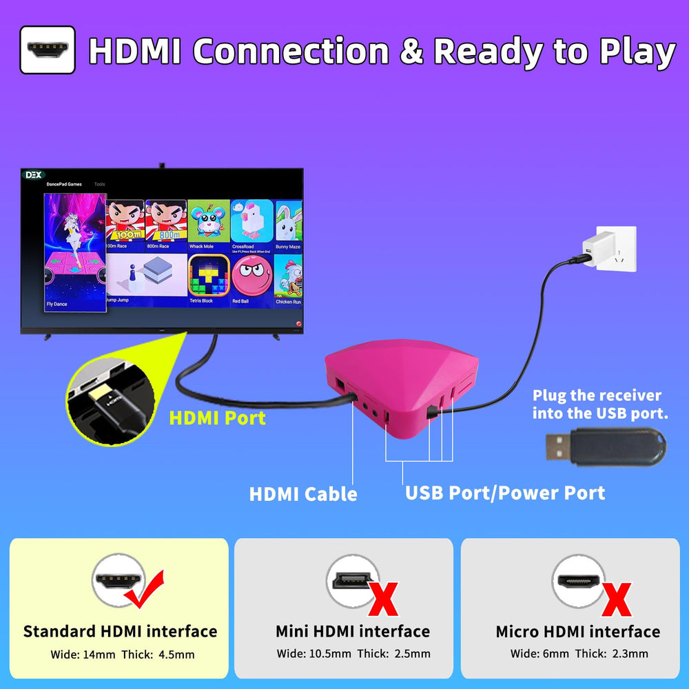 Damcoola Dance Mat plug-and-play setup connects to an HDTV for quick fun.