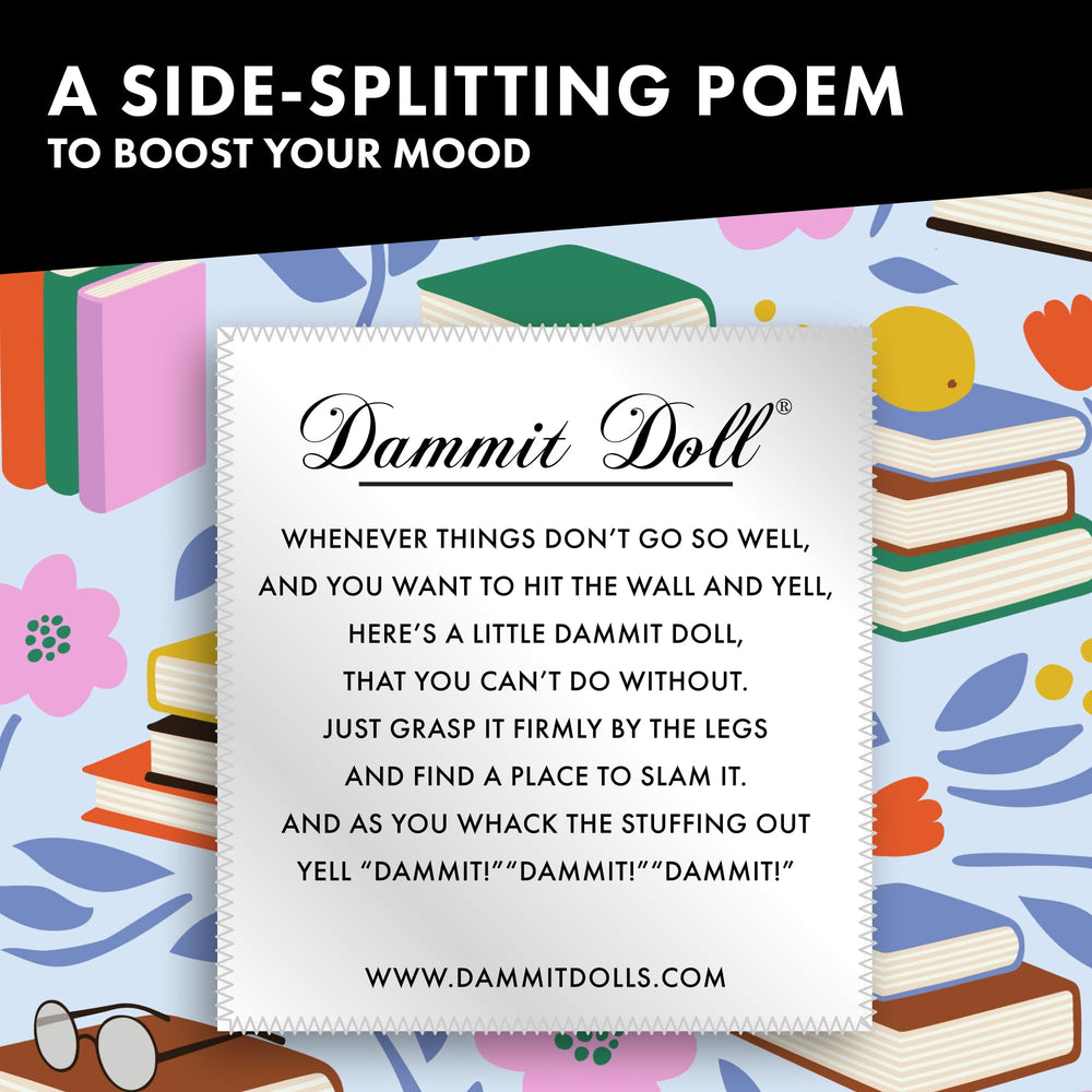Dammit Doll Book Lover close-up highlights literary charm and mood boost.