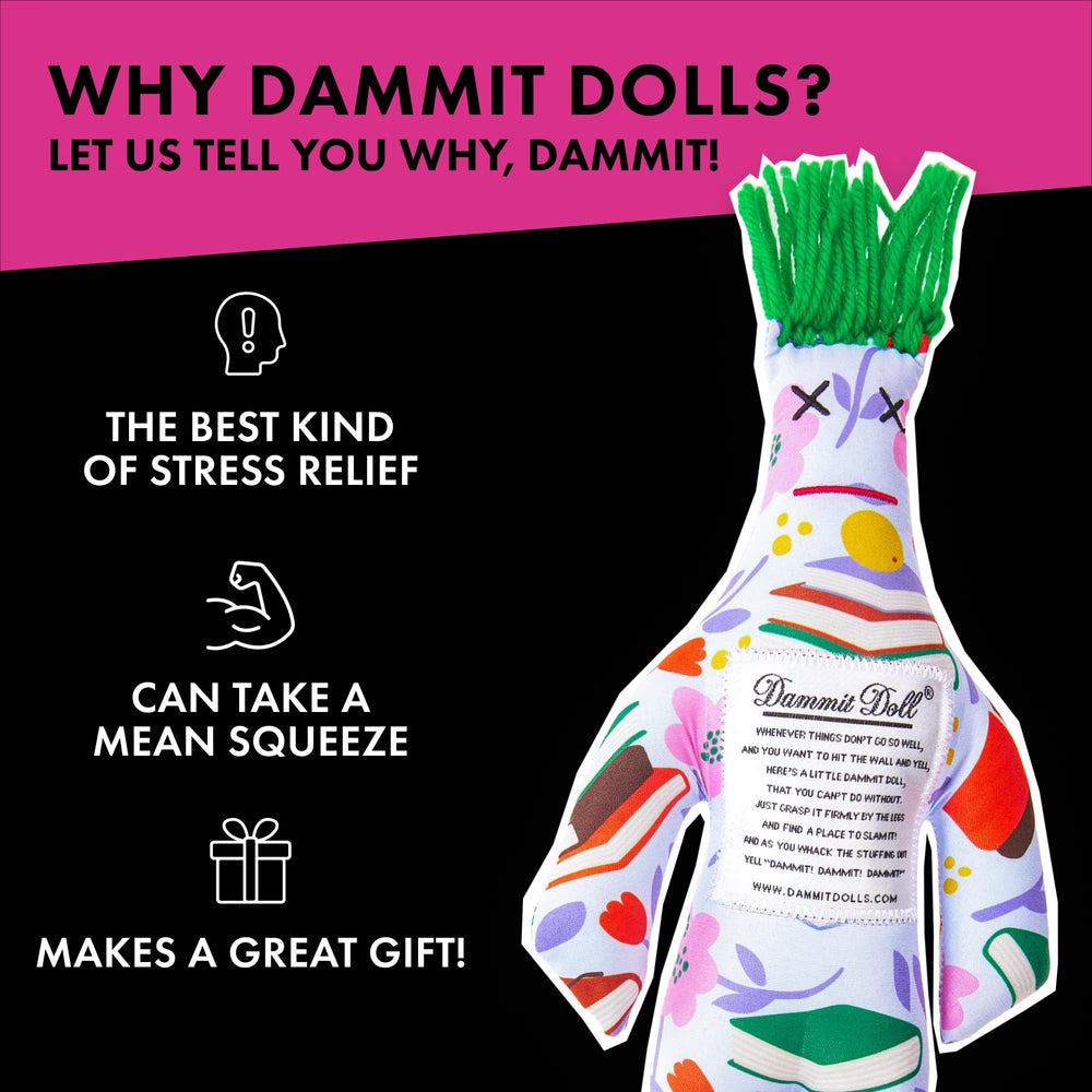 Dammit Doll Bookshelf Companion resting on a shelf for playful decor.