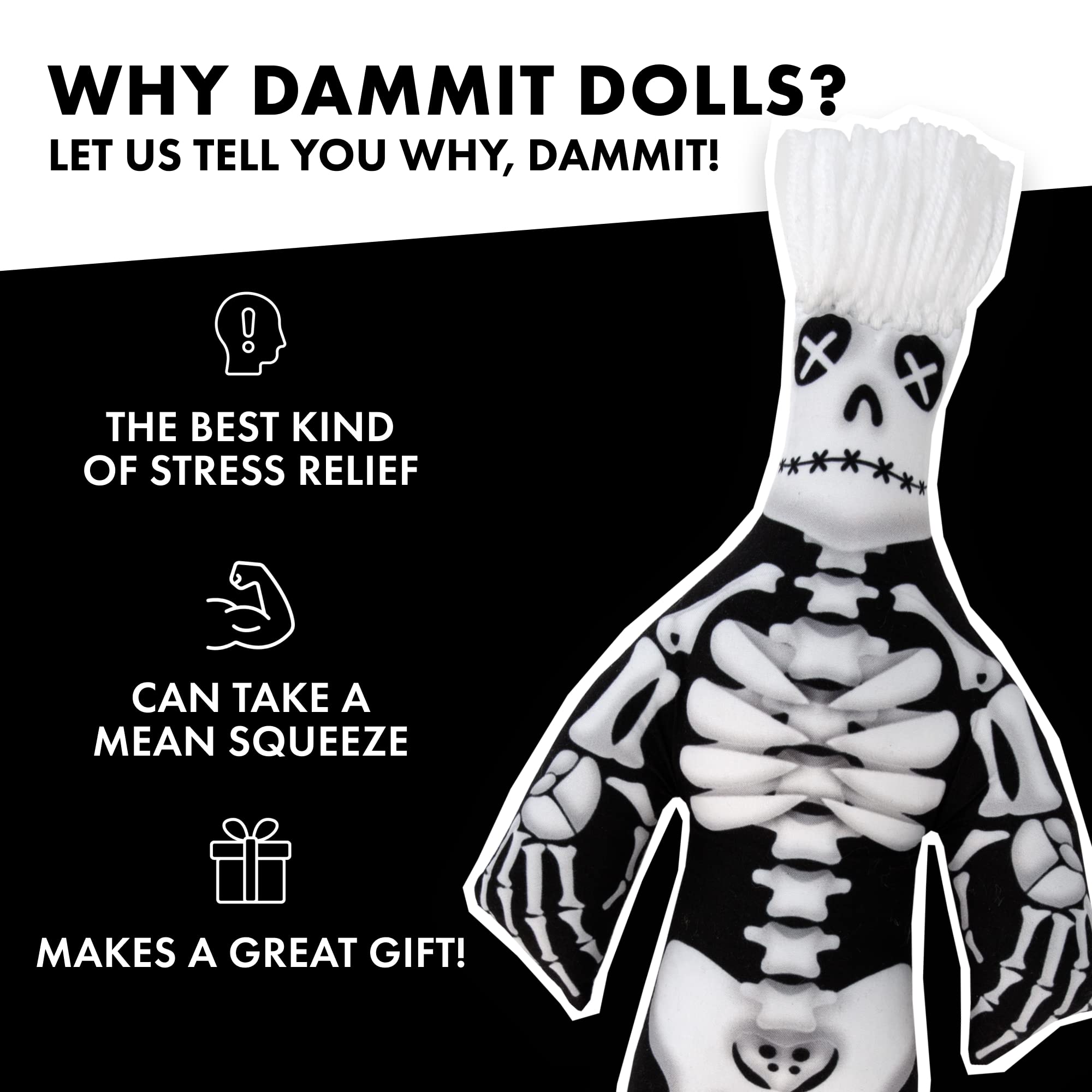 Dammit Doll gothic design, a humorous stress-relief companion with quirky bone aesthetics.