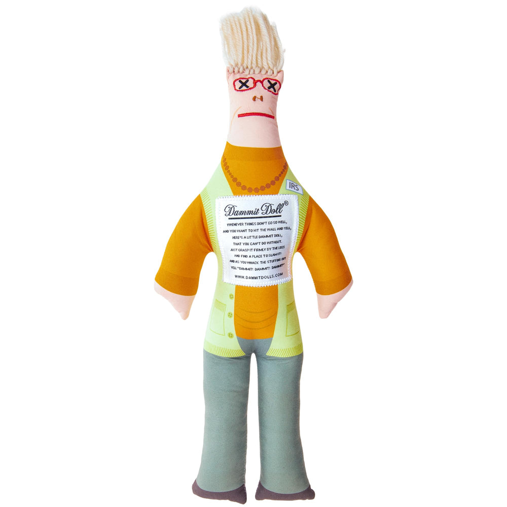 Dammit Doll Iris Awditor front view showcases auditor-inspired design for lighthearted venting.