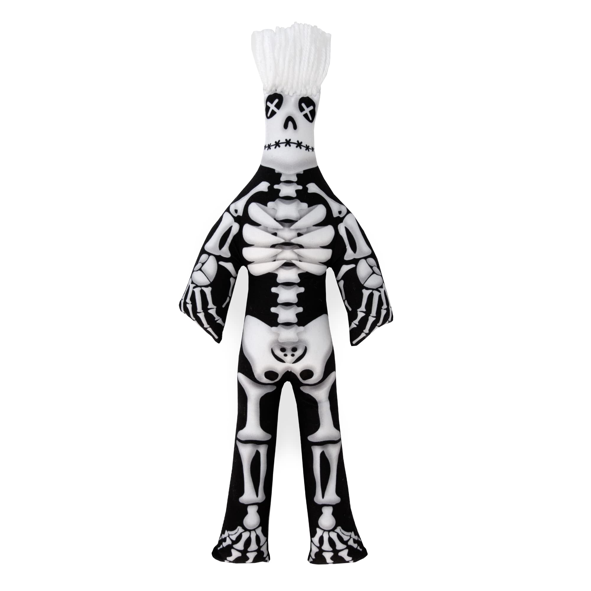 Dammit Doll limited-edition skeleton close-up, plush bones for spooky shelf decor.