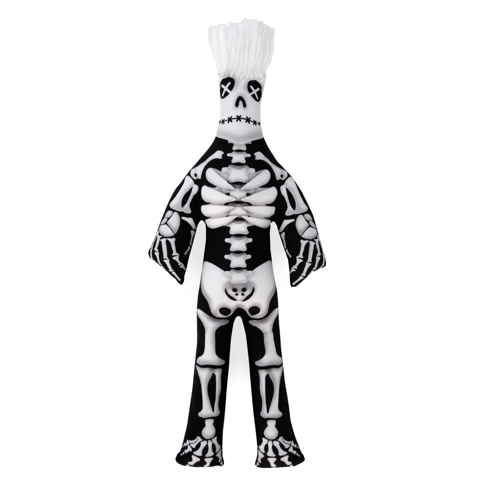 Dammit Doll limited-edition skeleton close-up, plush bones for spooky shelf decor.