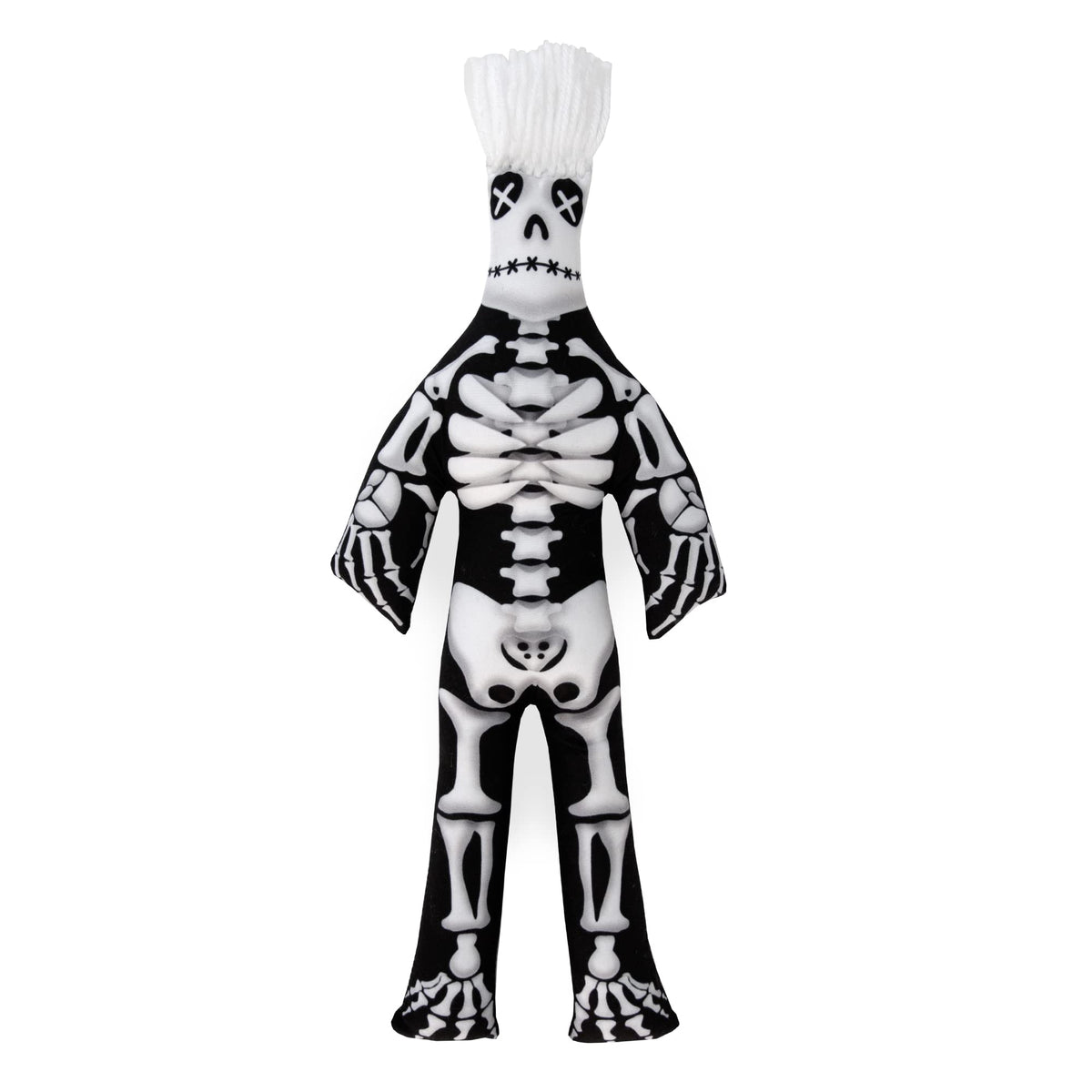 Dammit Doll limited-edition skeleton close-up, plush bones for spooky shelf decor.