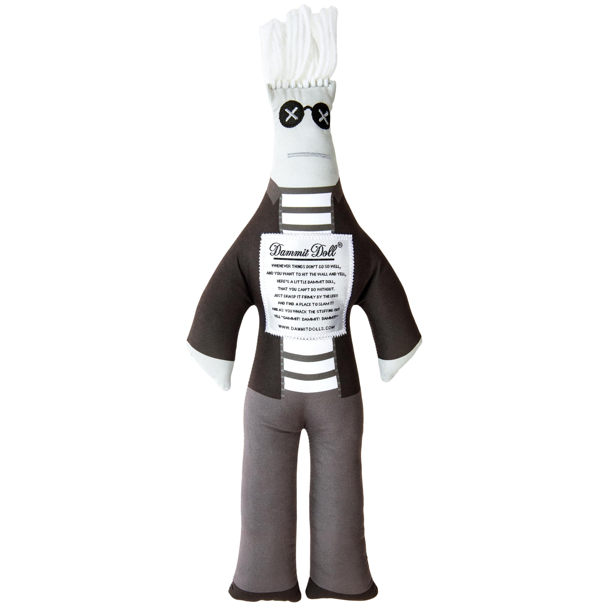Dammit Doll wearing Warhol-inspired striped tee with silver hair for playful stress relief.