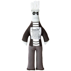 Dammit Doll wearing Warhol-inspired striped tee with silver hair for playful stress relief.
