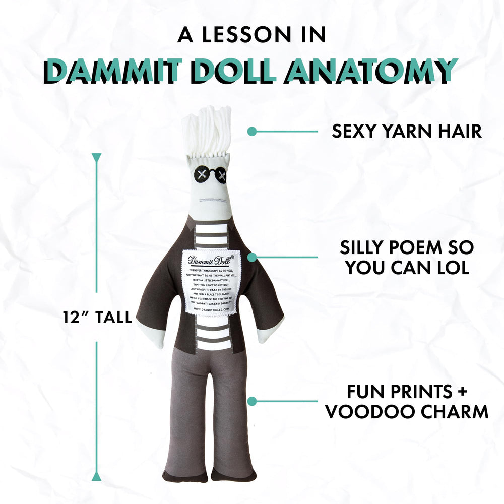 Dammit Doll on shelf adds pop art flair and conversation starter.
