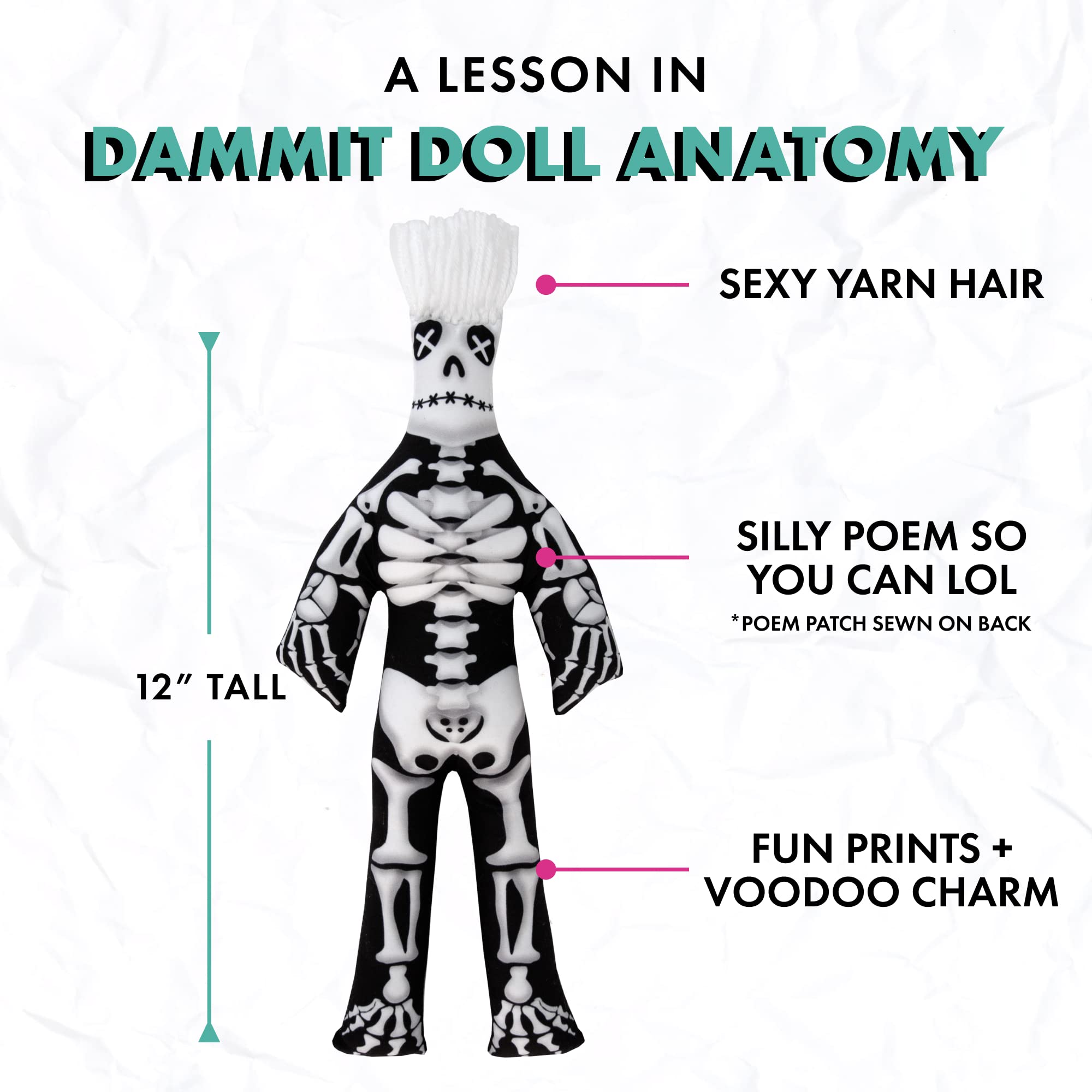 Dammit Doll soft skeleton plush offers approachable comfort during tense moments.