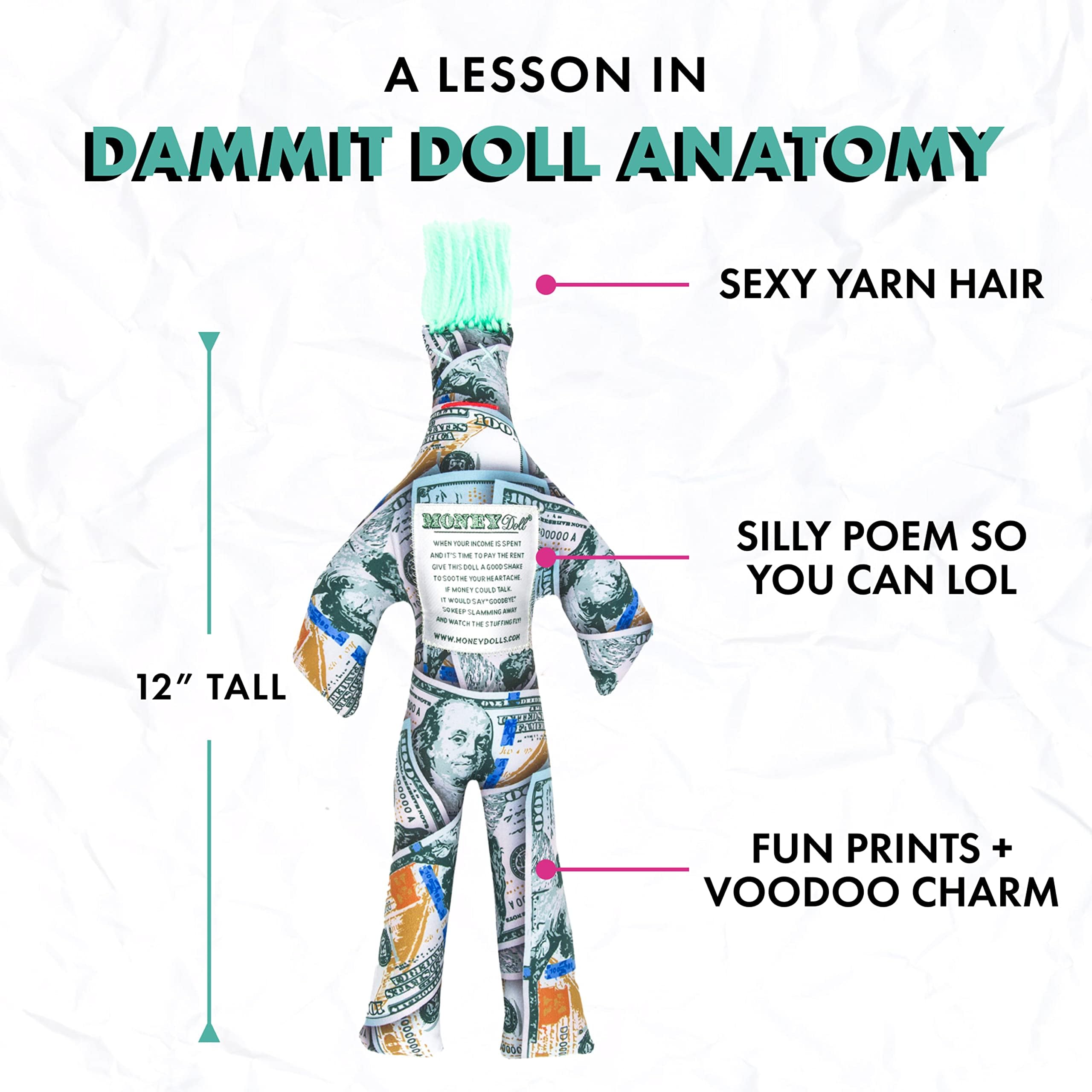 Dammit Doll includes a witty poem card to add humor to money talks.