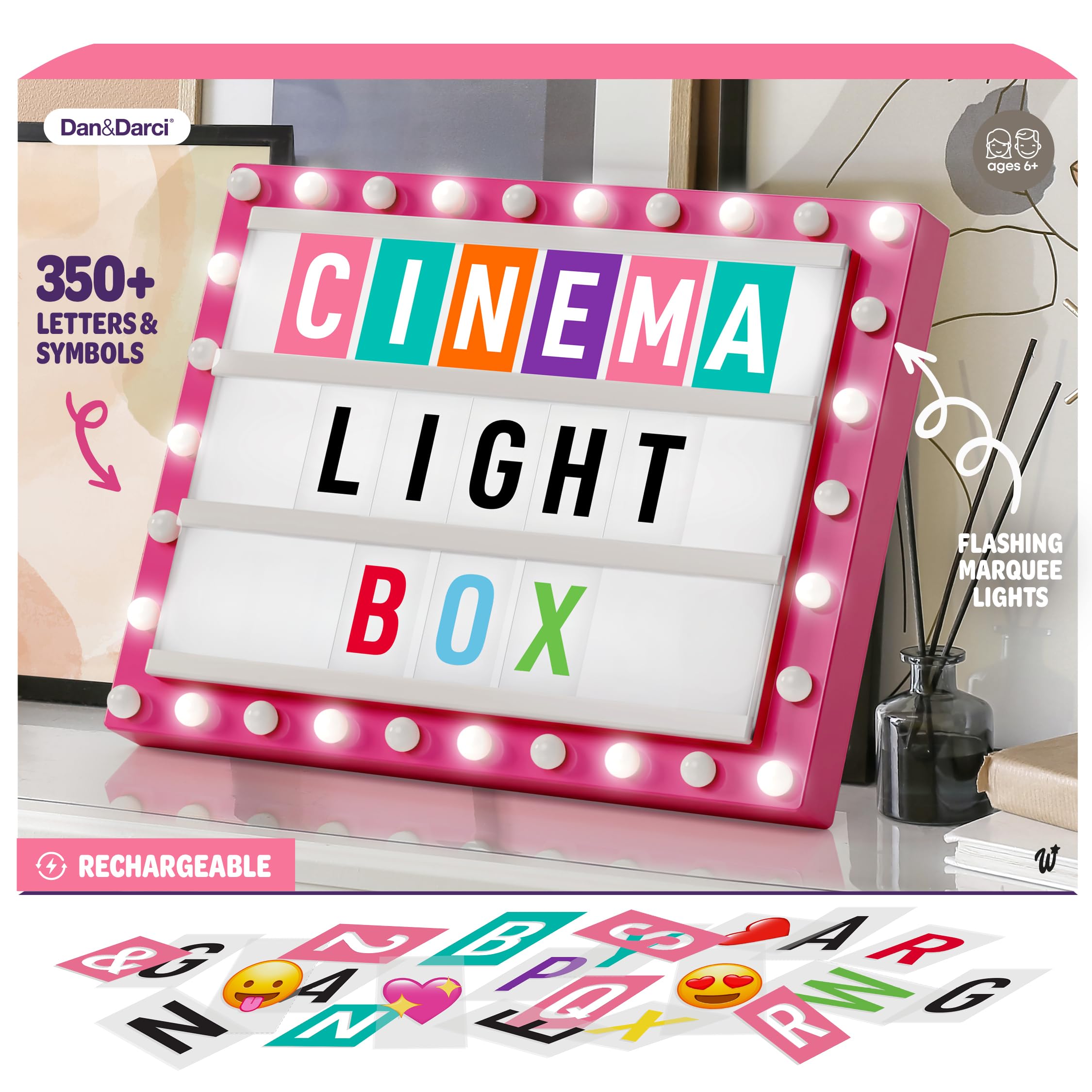 Dan&Darci cinema light box closeup with letters and emojis for playful messages