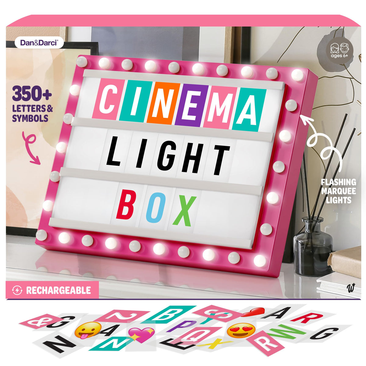 Dan&Darci cinema light box closeup with letters and emojis for playful messages