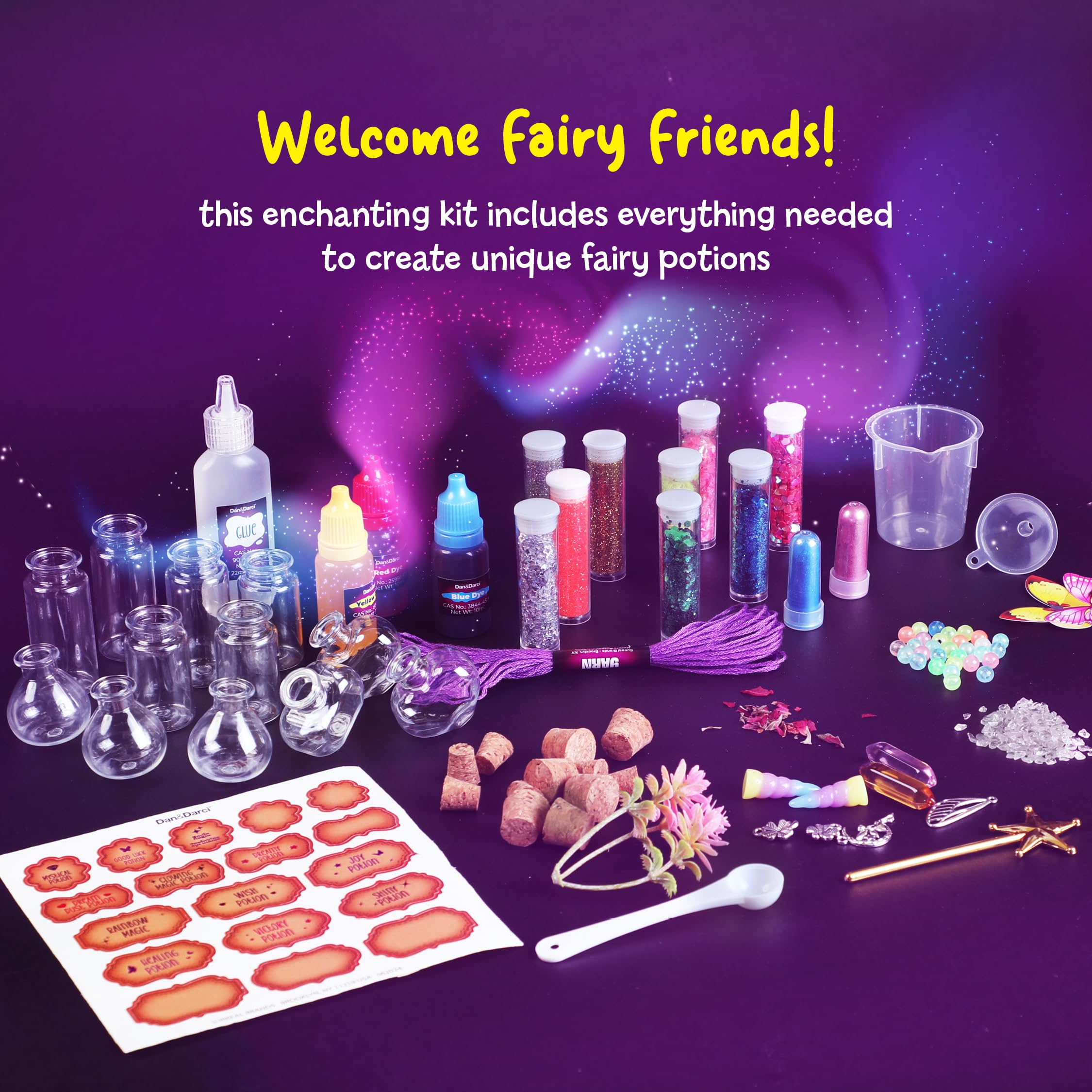 Dan&Darci Fairy Magic Potion Kit vials and corks arranged for easy mixing