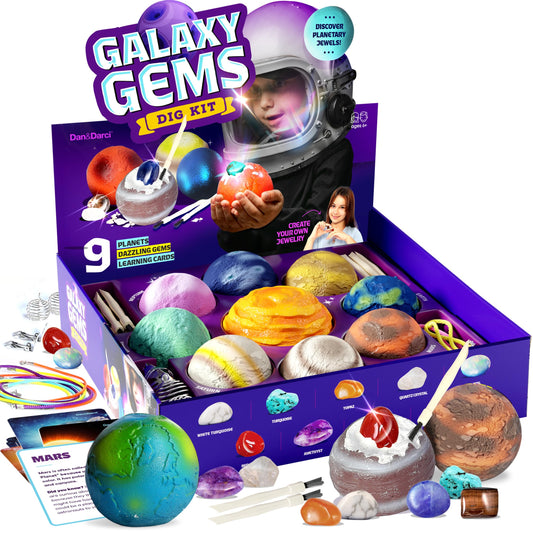 Dan&Darci Galaxy Dig Kit planet pack image showing nine planets for hands-on space exploration and gem discovery