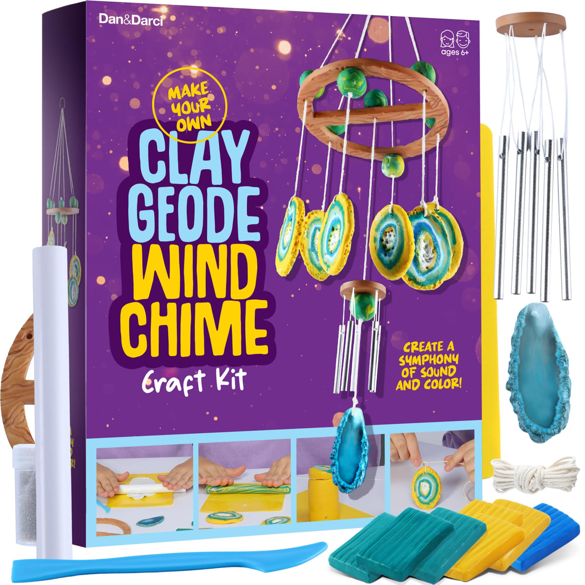Dan&Darci geode wind chime kit with colorful geodes ready for outdoor decor.