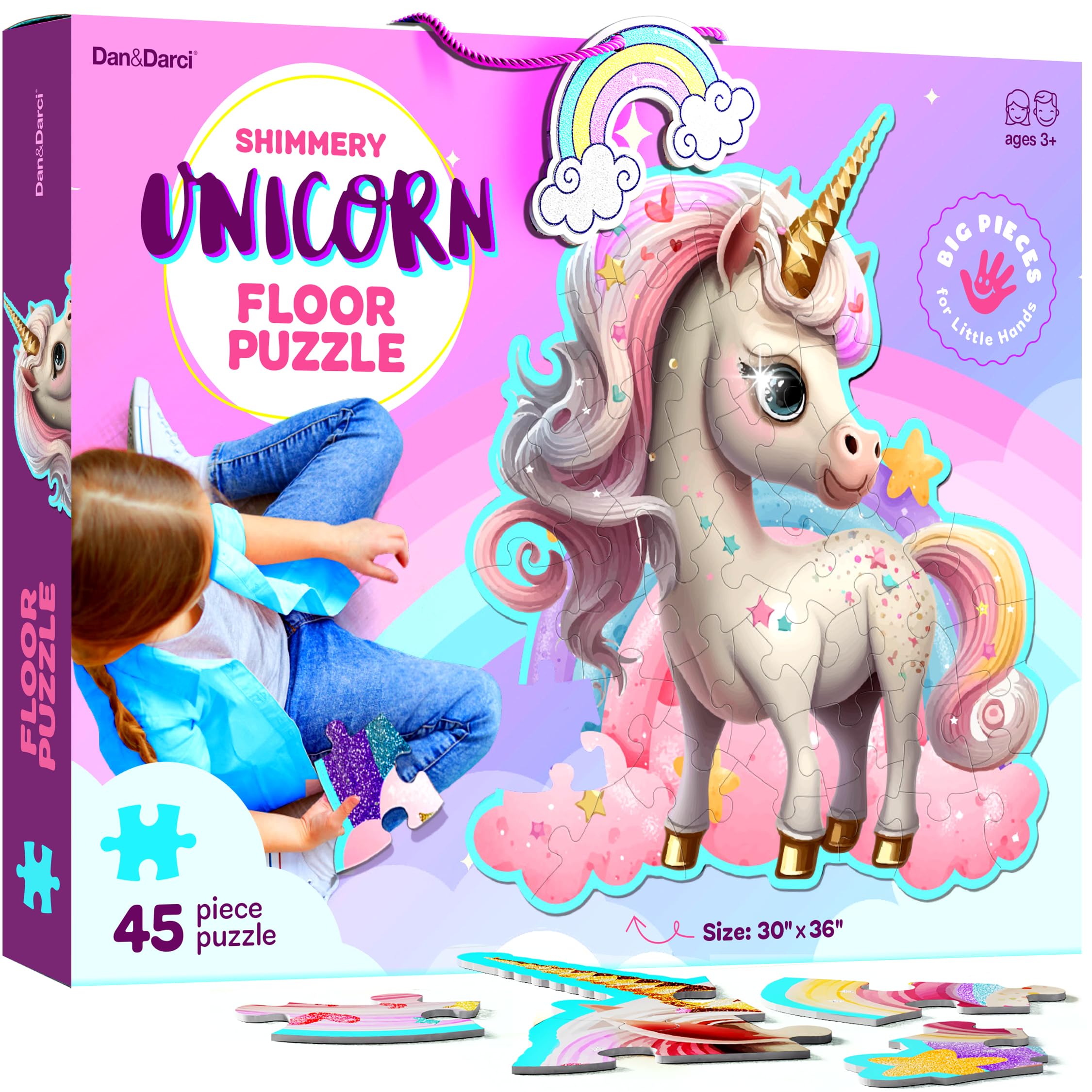 Dan&Darci Jumbo Shimmery Unicorn Floor Puzzle on the floor supports hands-on learning.