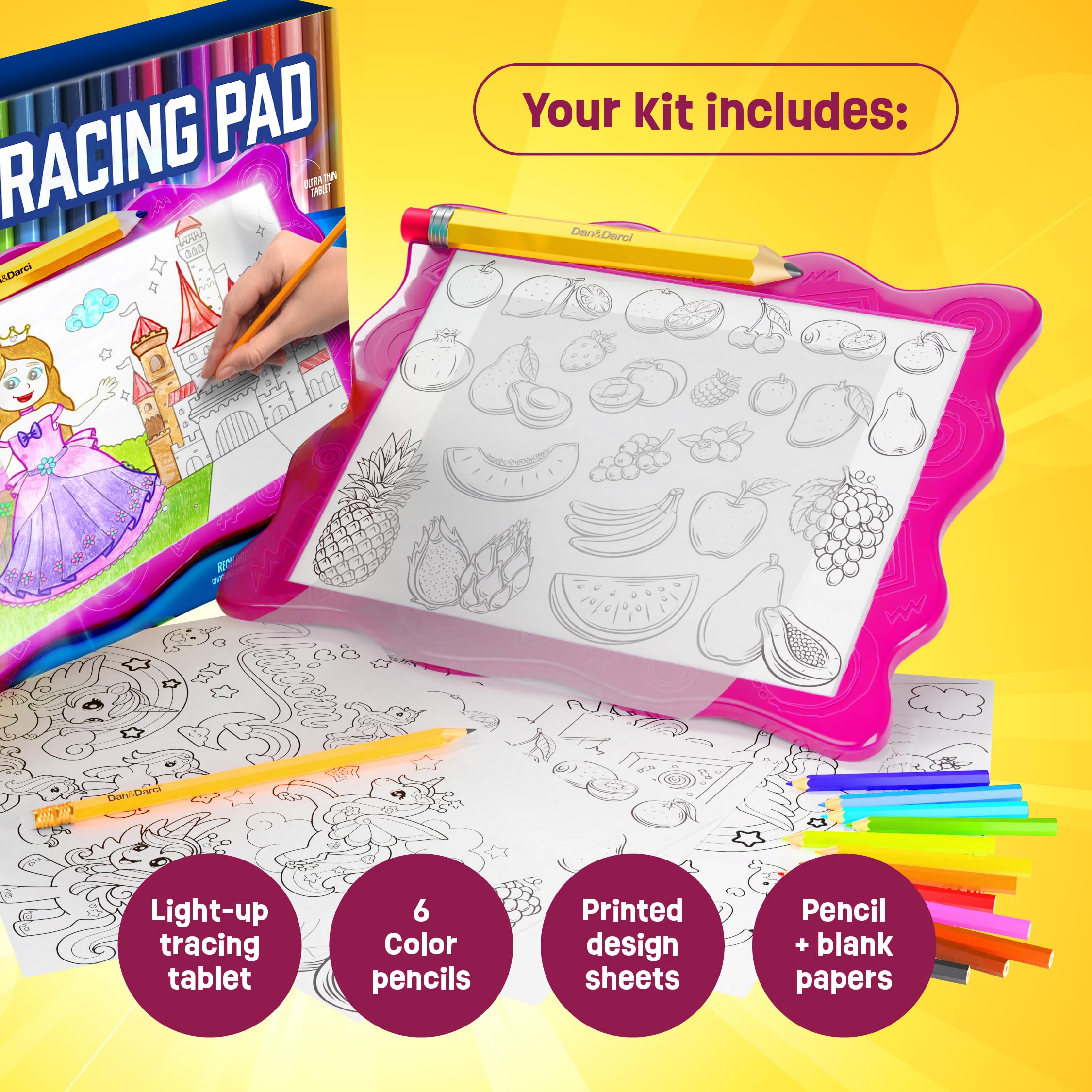 Dan&Darci Light Up Tracing Pad with 12-color pencils offering vibrant choices