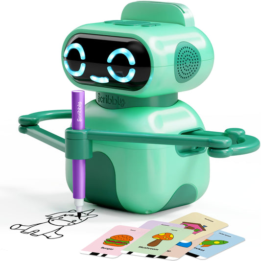 Dan&Darci Scribbly robot front view guiding kids through an easy drawing lesson