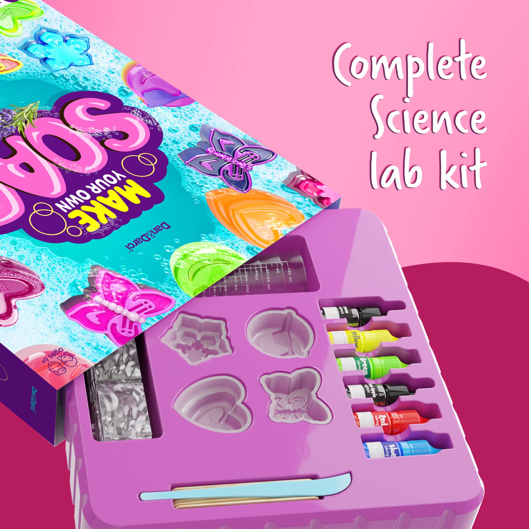 Dan&Darci kit with four molds for handmade soaps and playful color designs.