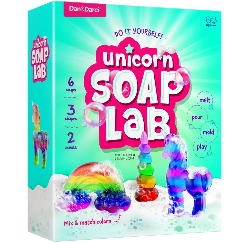 Dan&Darci unicorn soap making kit packaging, gift-ready presentation.