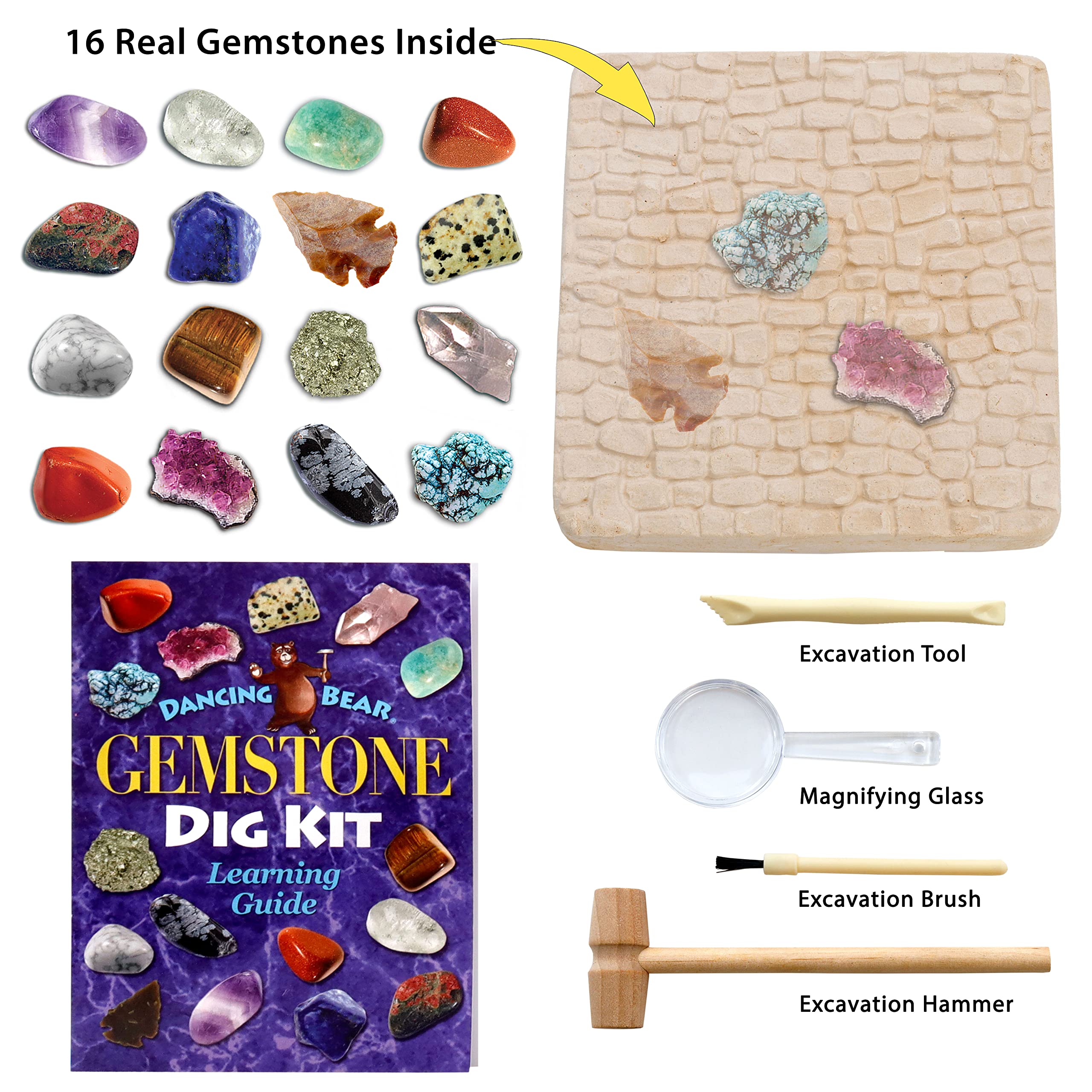 DANCING BEAR dig brick reveals 16 real gems for science play.