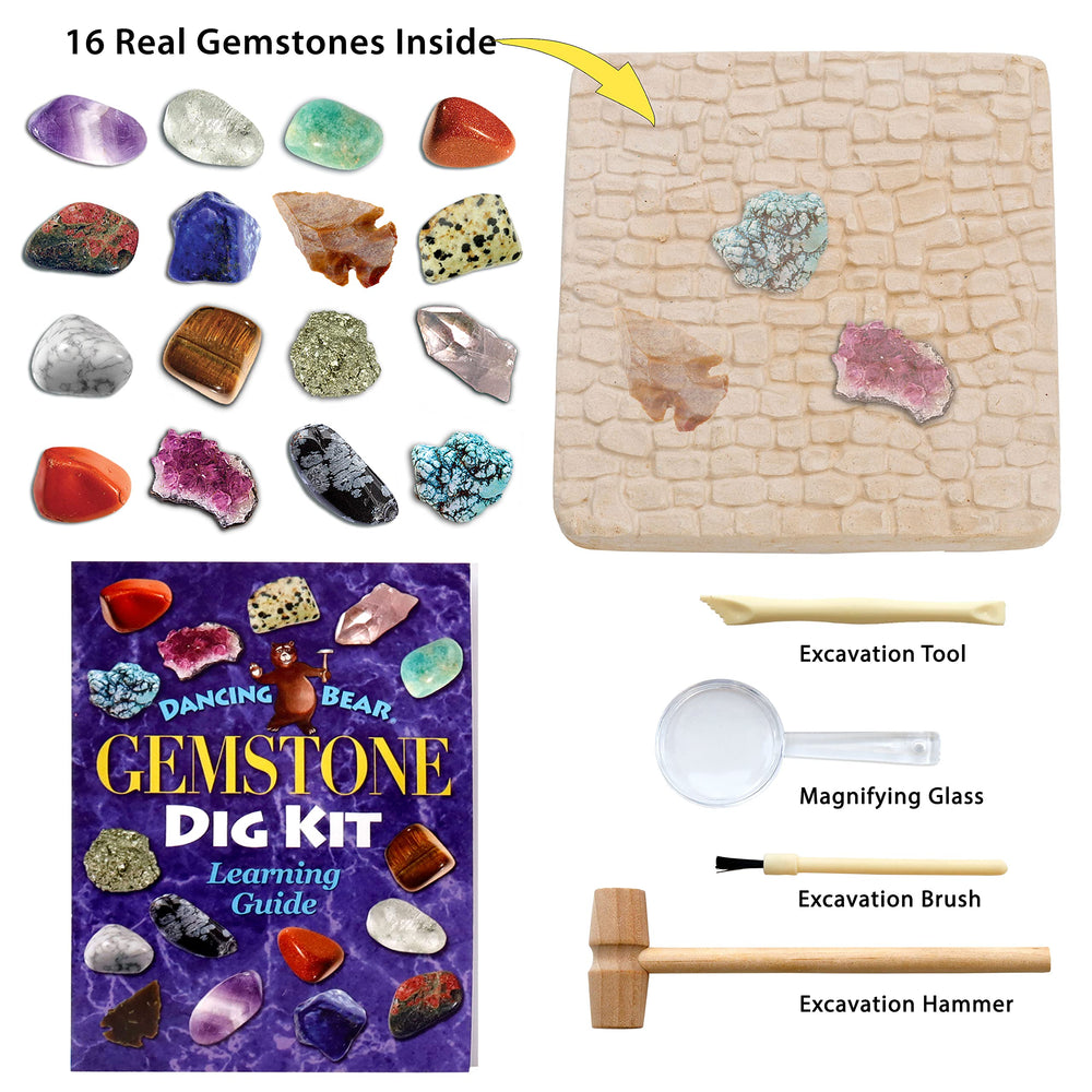 DANCING BEAR dig brick reveals 16 real gems for science play.