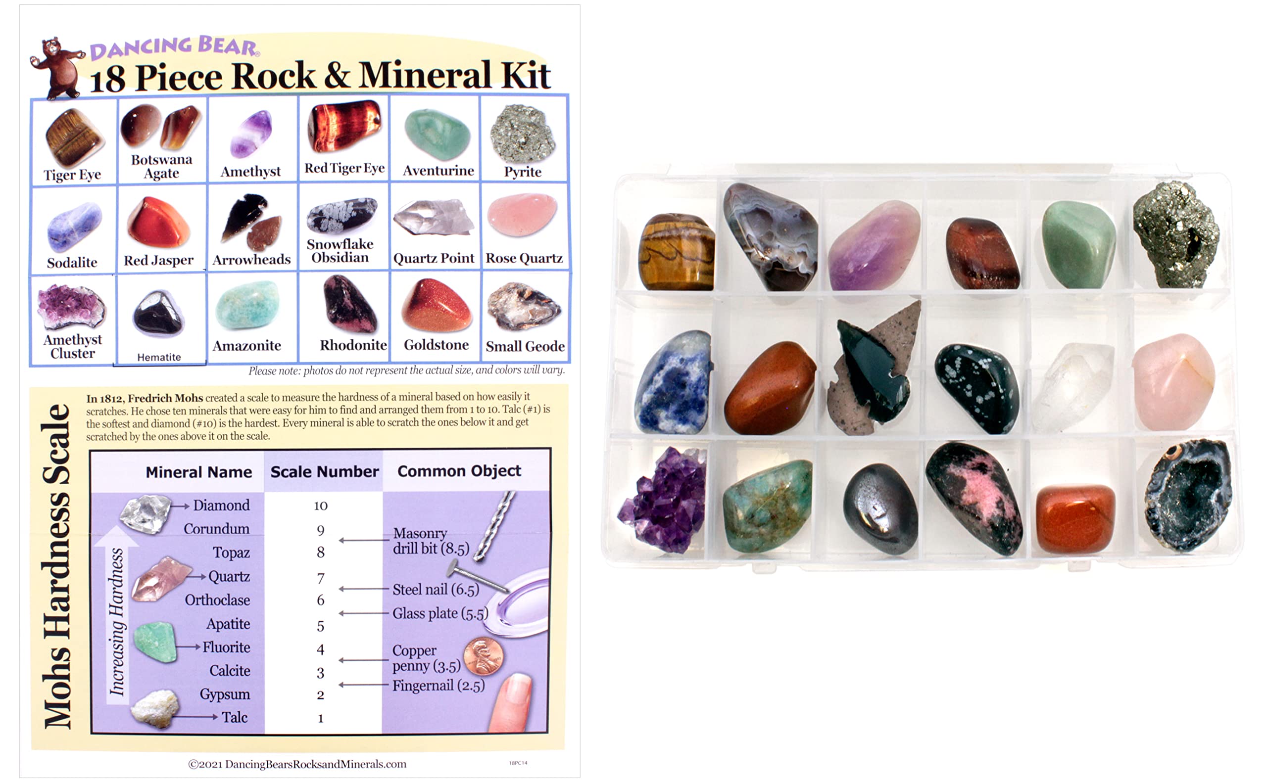 Dancing Bear hardness chart included helps compare stone qualities at a glance.