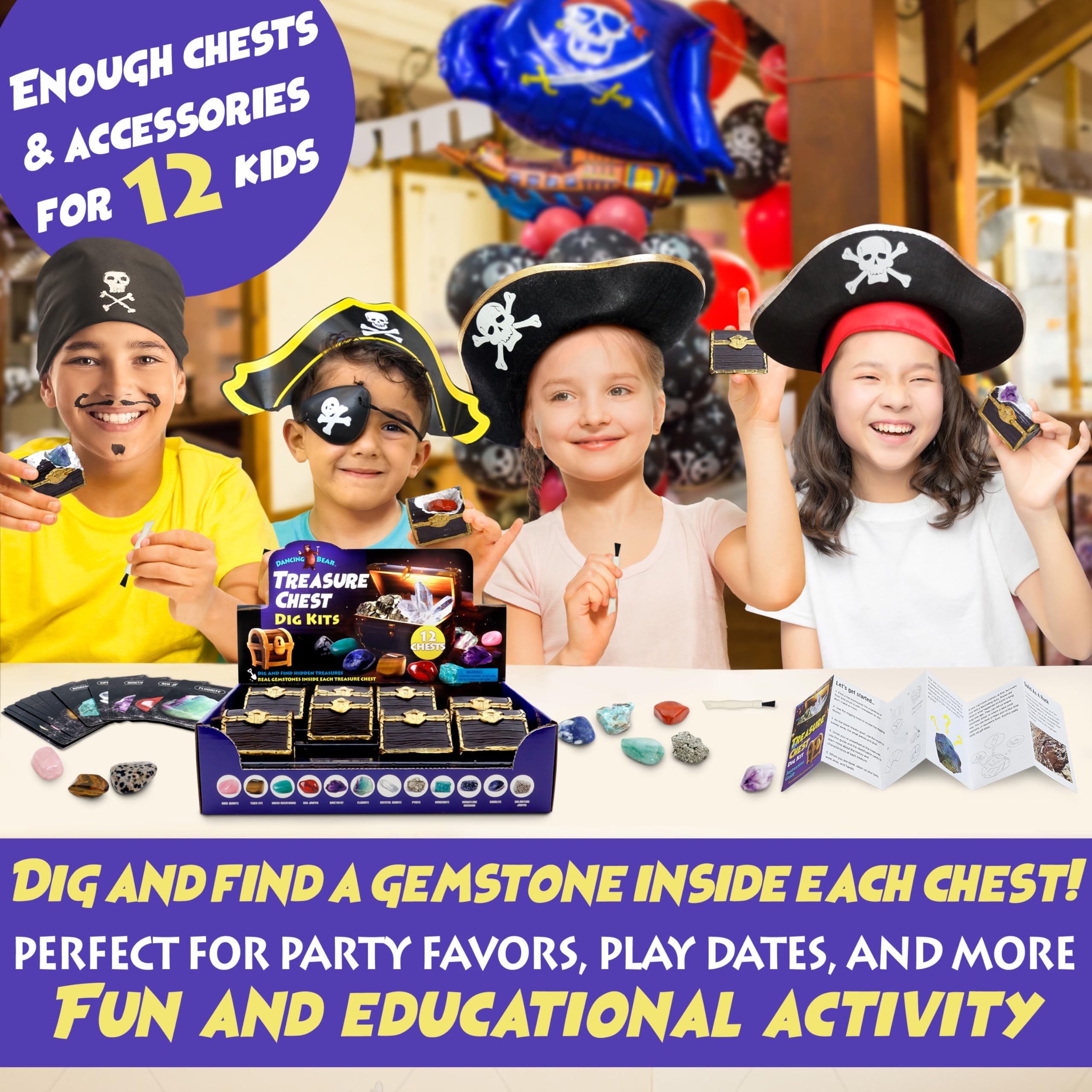 DANCING BEAR treasure chest blocks invite 12 kids to share a party treasure hunt.