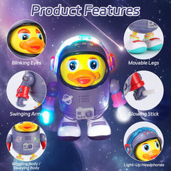 Dancing Space Duck Toy LED lights illuminate a playful moment