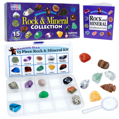 DANCING BEAR 15pc rock collection in a display case for organized, hands-on study.