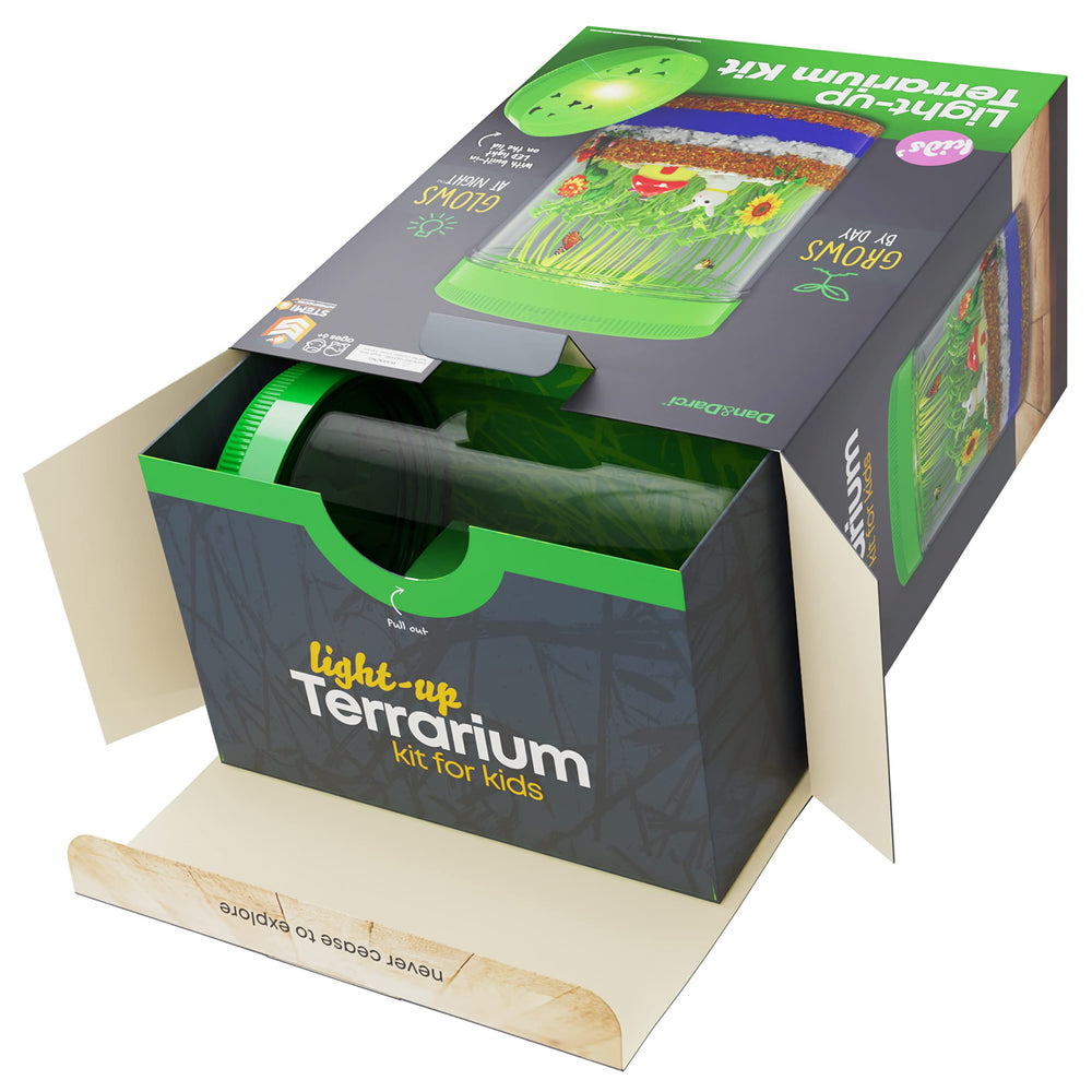 Dan&Darci light-up terrarium lid illuminates the scene, creating a magical night-light.
