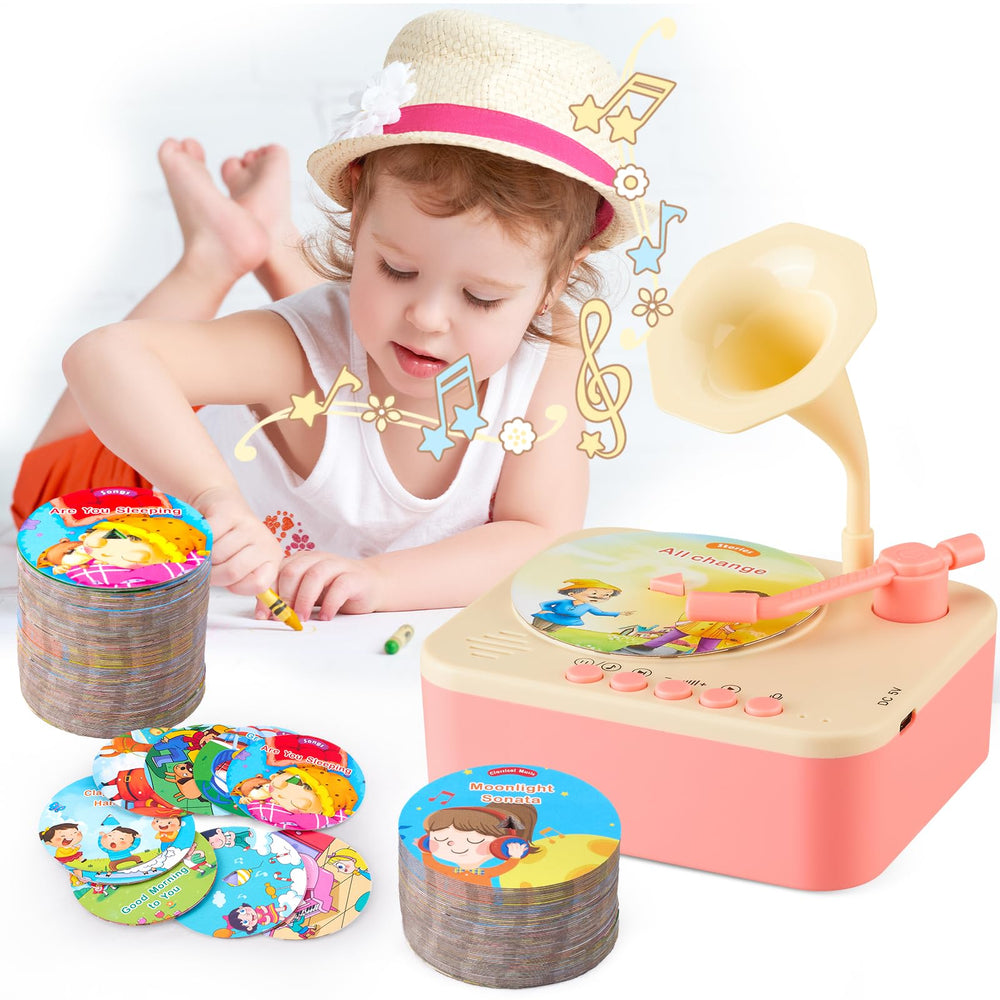DANGKAEN Dreamy Pink gramophone with cards deck supports early literacy and listening skills