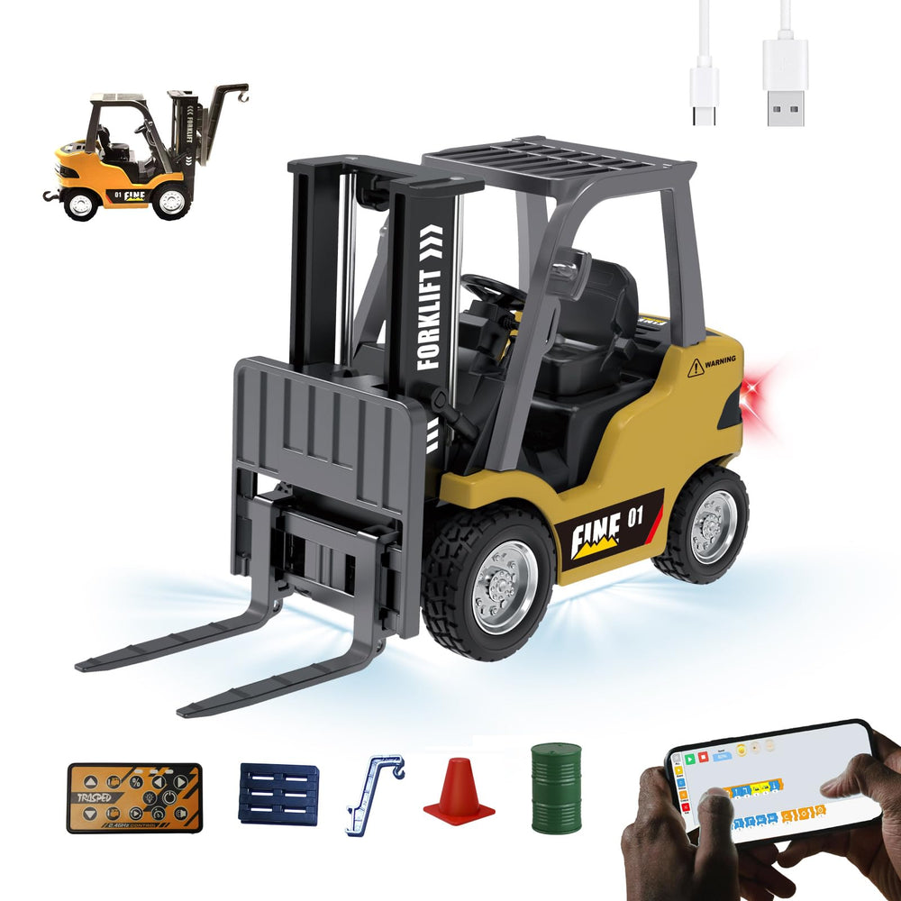 DAOGU mini RC forklift on a desk demonstrates portable STEM play