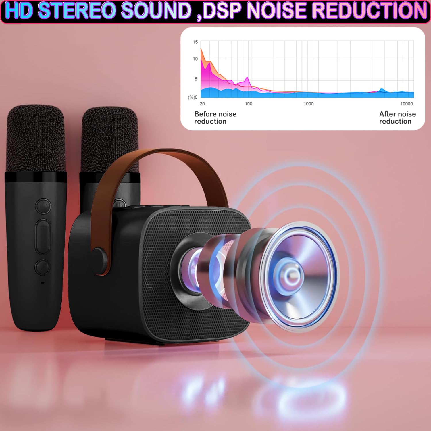 Darkant mini karaoke machine with Bluetooth connection for wireless streaming.