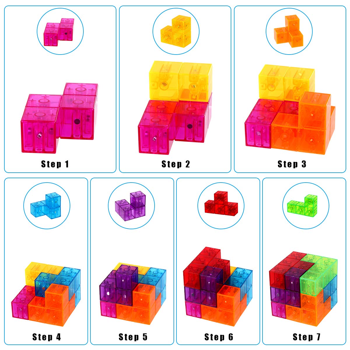 DASDAX Magic Magnetic 3D Cubes guide cards spread with build ideas