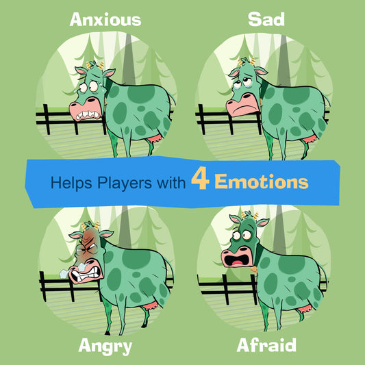 Cow emotion pieces illustrate anger, sadness, anxiety, and fear during play.
