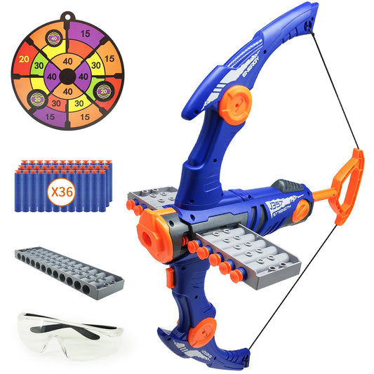 Dawnuph toy bow and arrow blue front view highlighting compact, kid-friendly design.