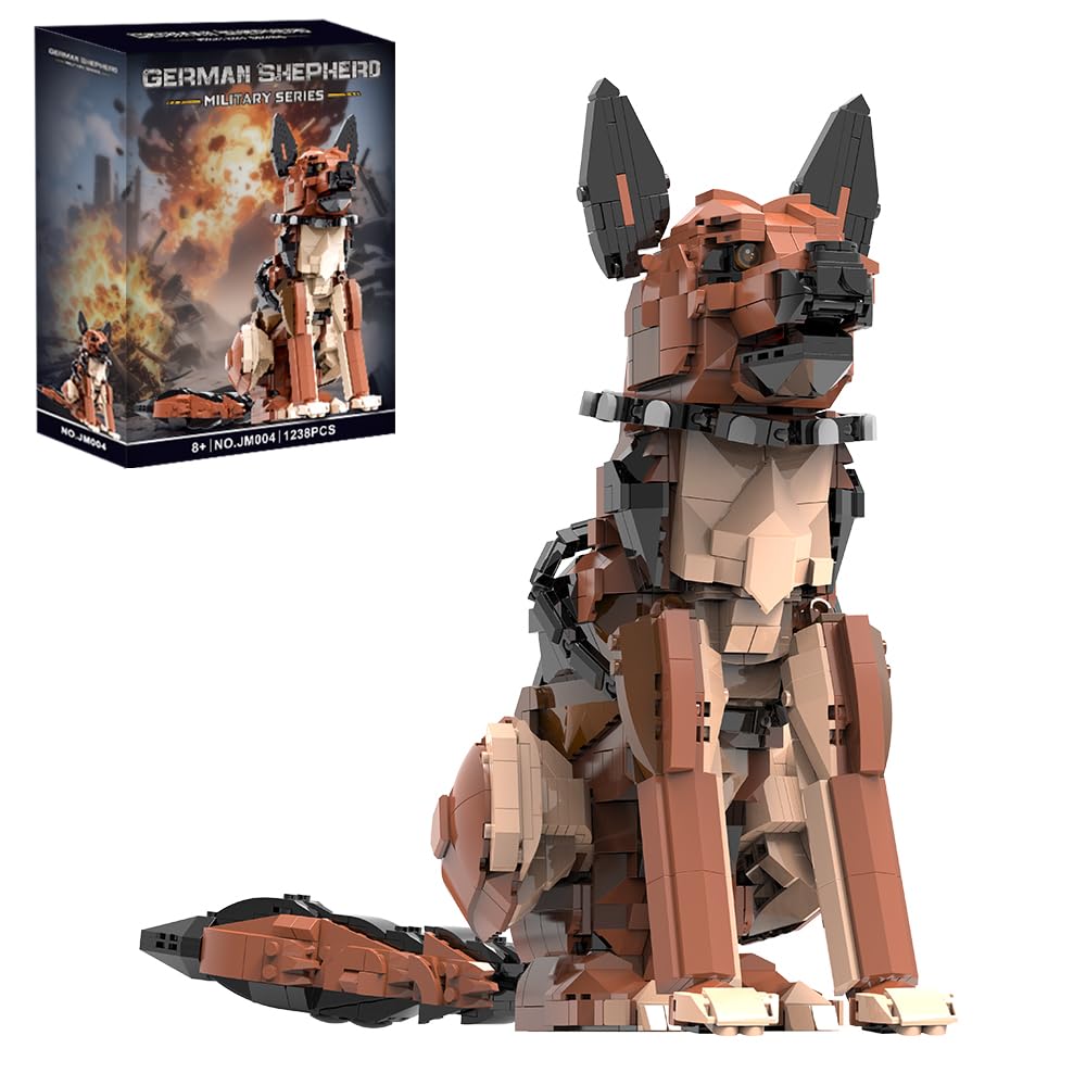 DBBBRIXIFY German Shepherd building set in sitting pose for desk display.