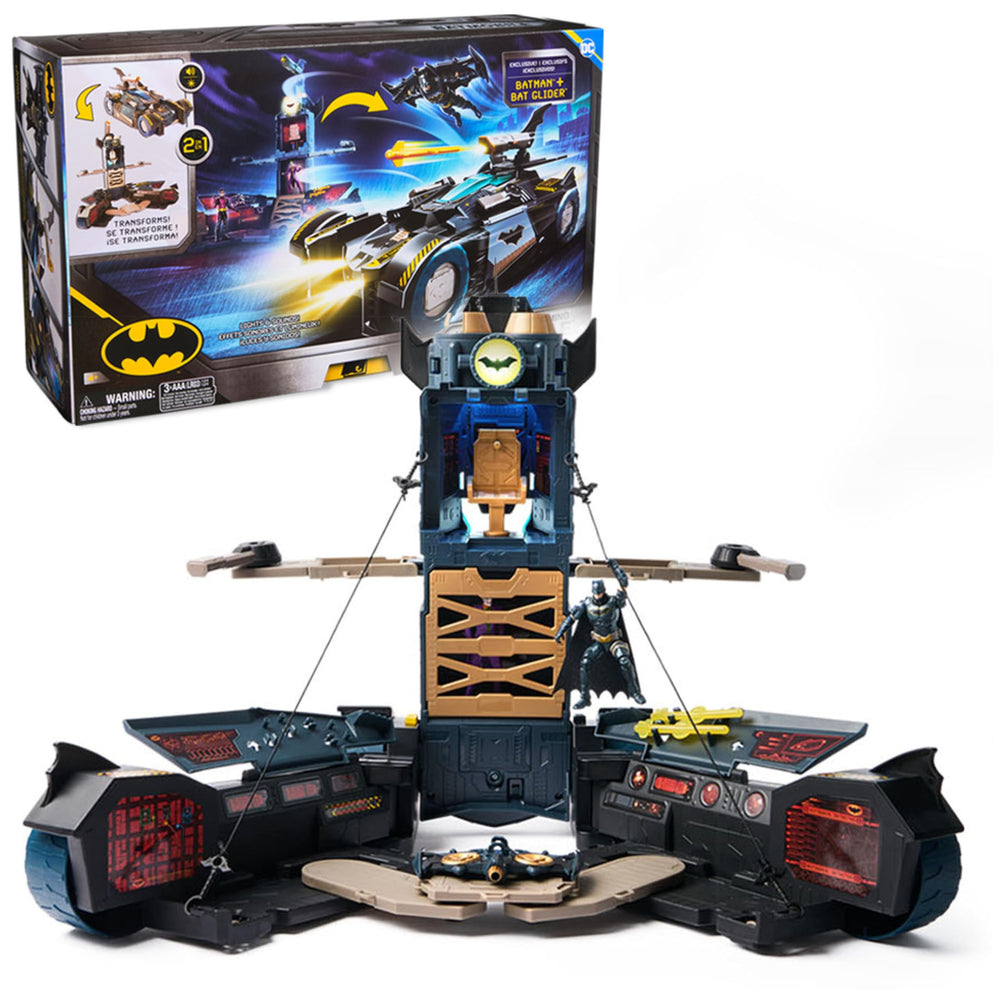 DC Comics Batman Ultimate Transforming Batmobile Playset with LED lights for exciting chases.