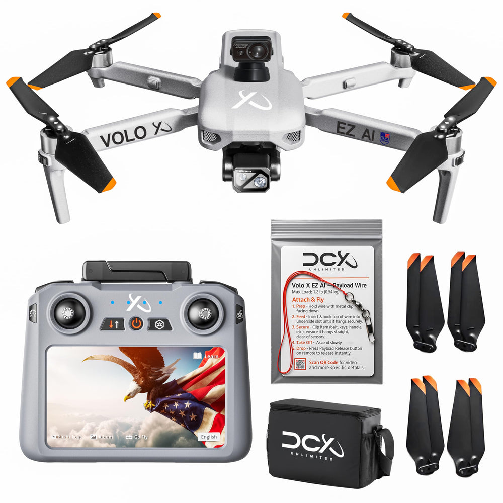 DCX UNLIMITED Volo X EZ drone front view with 4K camera for crisp footage.