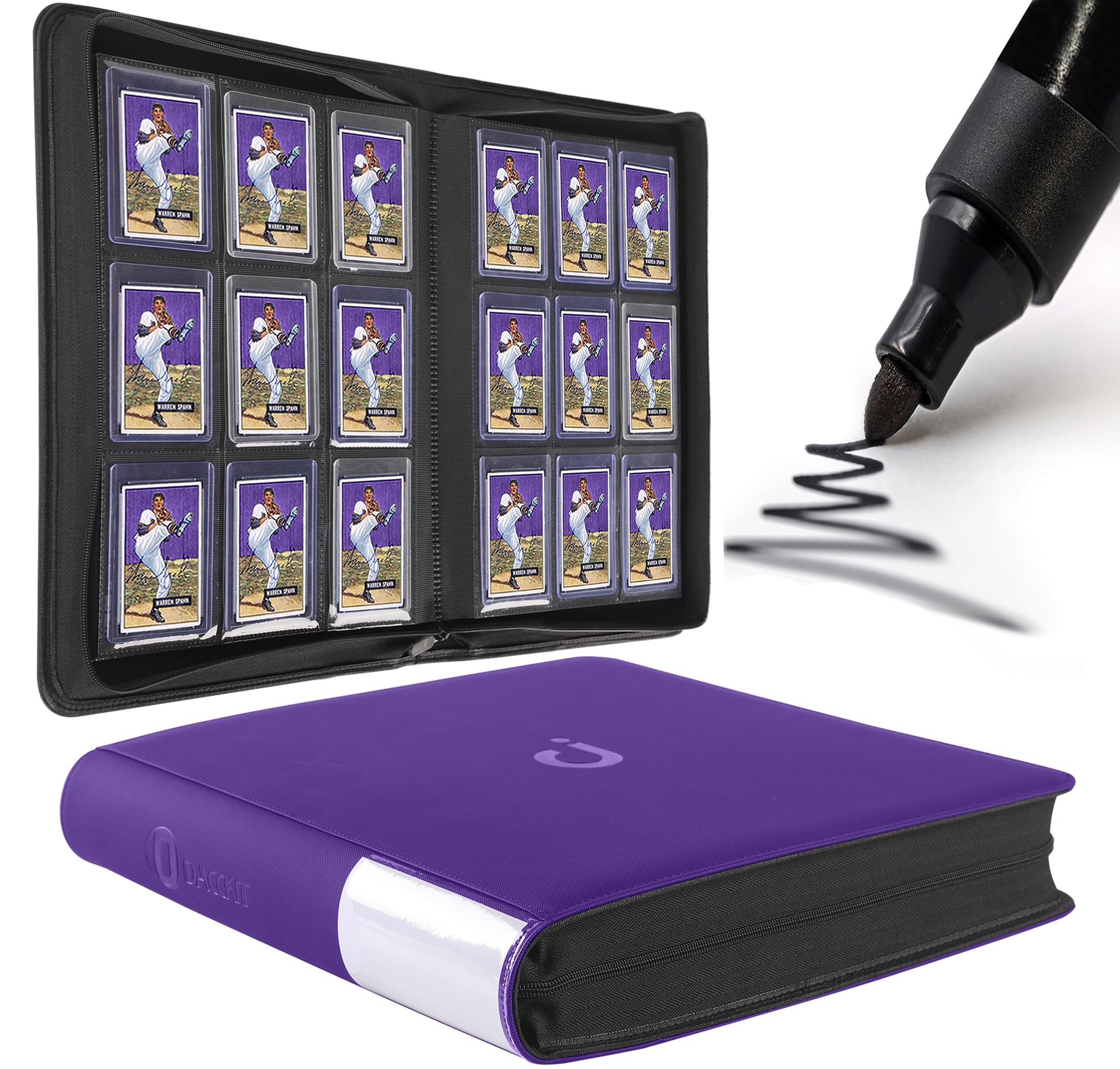 D DACCKIT top-loader binder 288-capacity, front view showing organized trading cards at a glance.