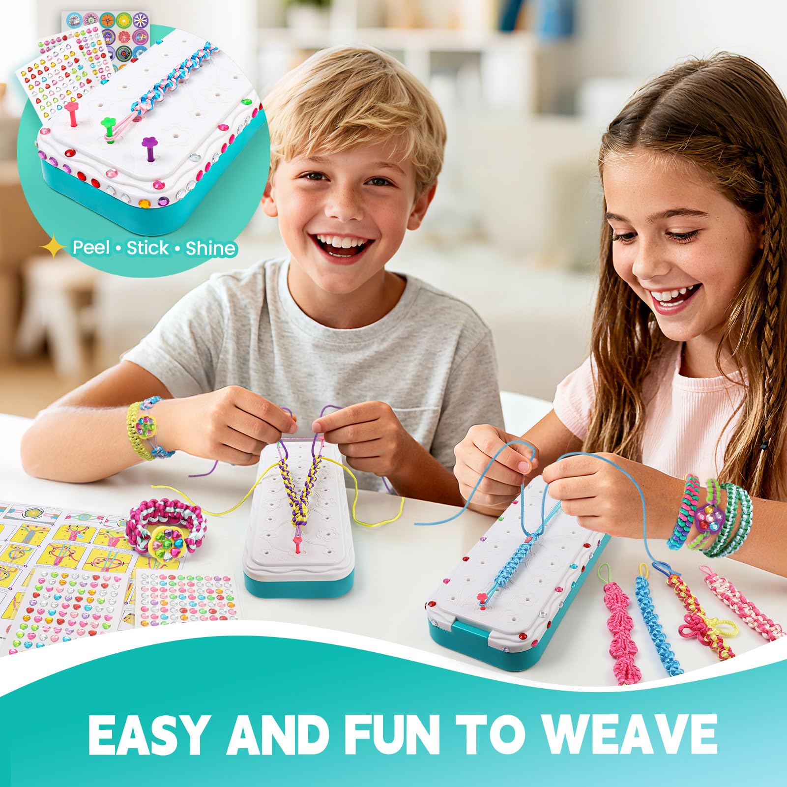 DDAI Bling Bracelet Kit contents show threads, charms, clasps, and gem stickers for creativity