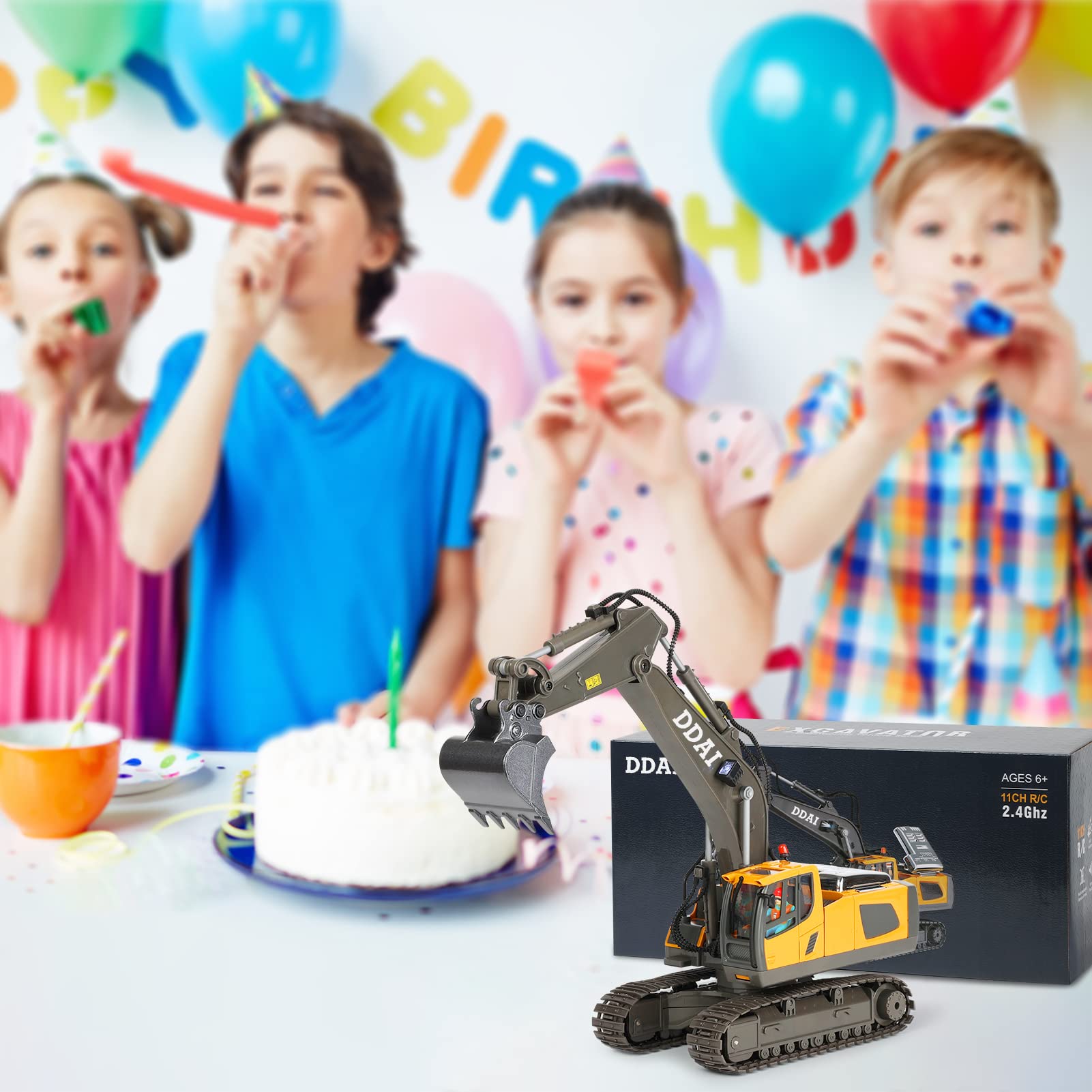 DDAI excavator digging in a sandbox scene for realistic play.