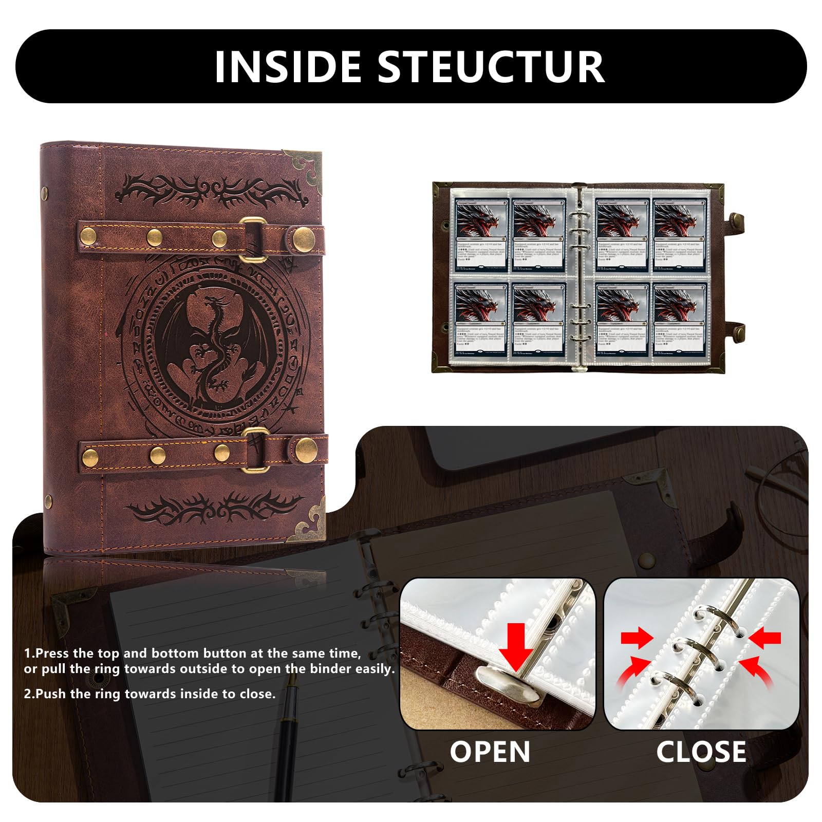 DDFE Card Binder 4 Pocket rivets and faux-leather texture highlight premium craftsmanship.